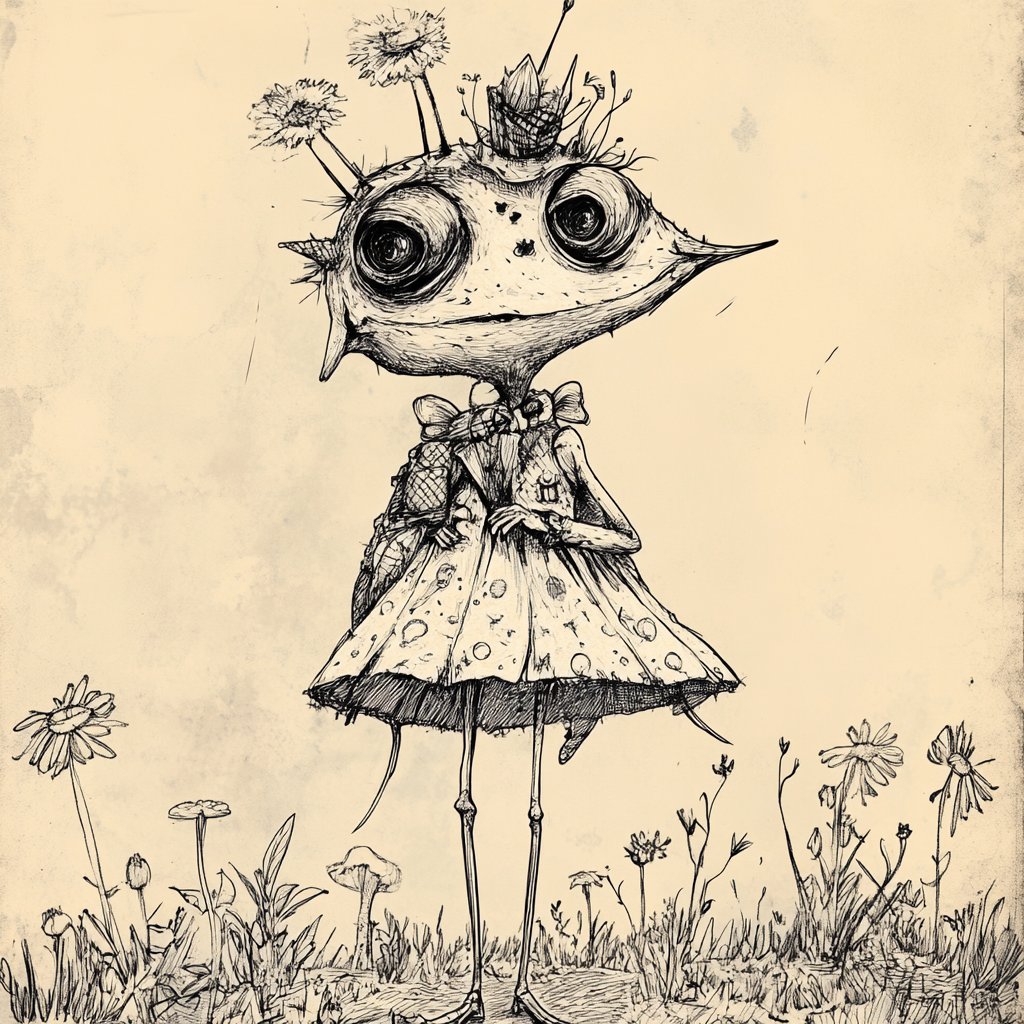 Whimsical character design in ink drawing style --v 6.1