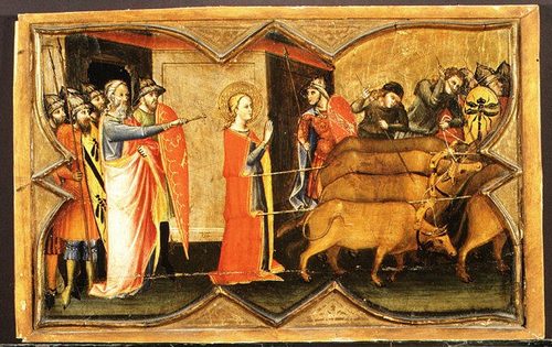 Saint Lucy and Her Mother at the Shrine of Saint Agatha; Saint Lucy Giving Alms; Saint Lucy before Paschasius; Saint Lucy Resisting Efforts to Move Her — Gilding
