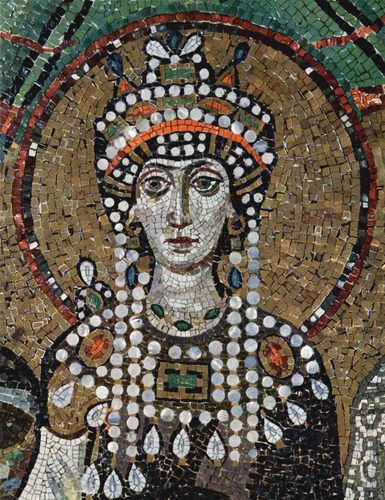 Theodora. Detail from the 6th-century mosaic "Empress Theodora and Her Court" in the Basilica of San Vitale in Ravenna. — Mosaic
