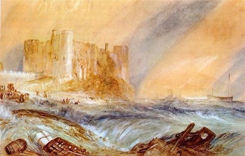 the welsh Laugharne Castle during a storm — Watercolor