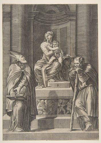 Saint Joseph at left and a bishop at right standing before the altar of the Virgin and Christ Child — Wood Carving